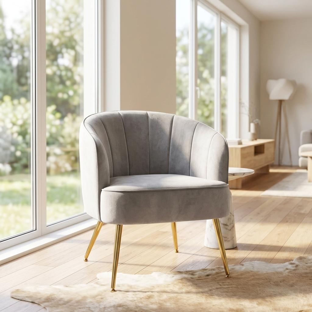 Modern Velvet Dining Chair, Gold Frame Esme Accent Chair - CATHAL GREY