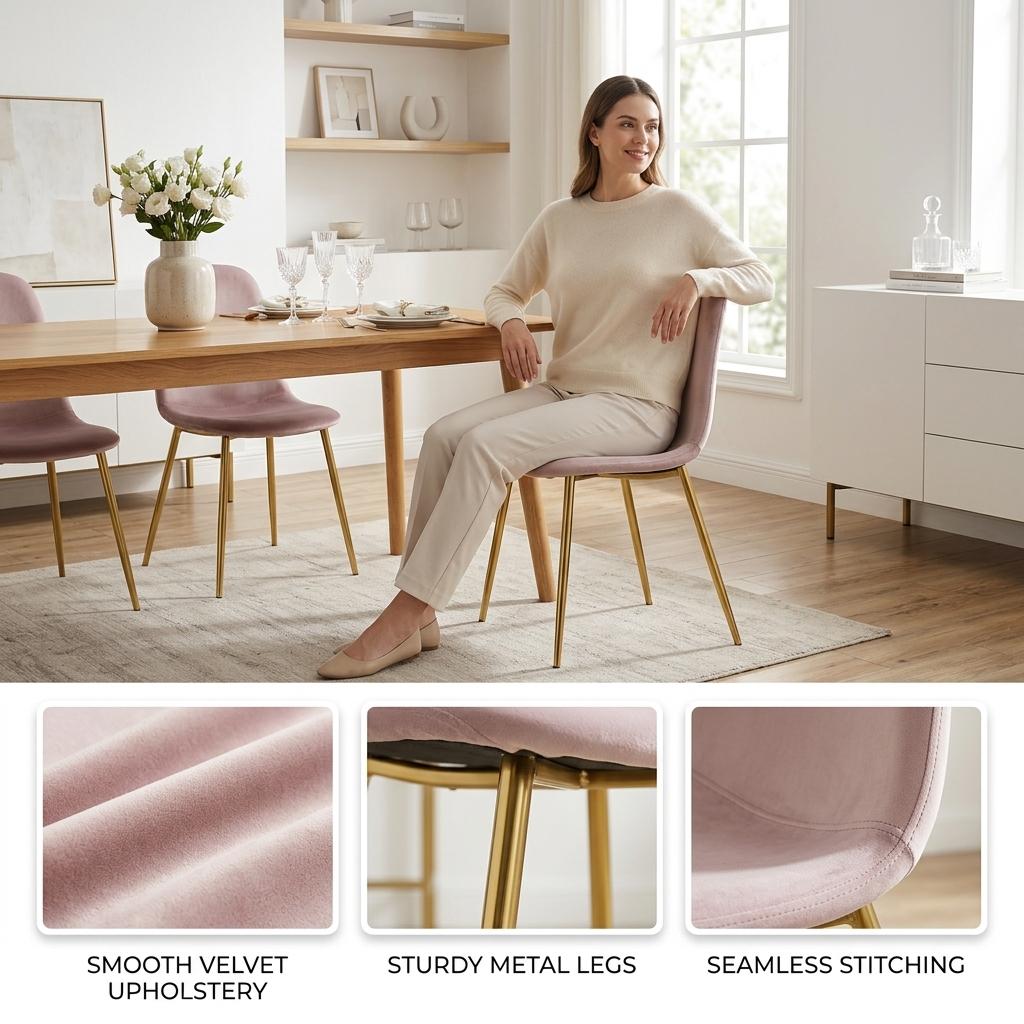 Modern Velvet Dining Chair, Gold Steel Frame - CHARLTON PINK