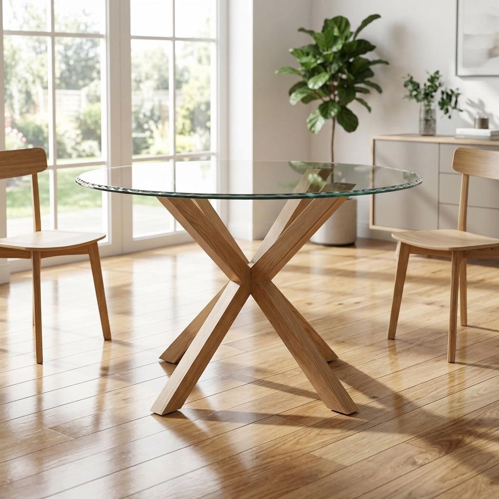 Modern Glass Dining Table, Oak Leg Design - CILLIAN OAK LEG A