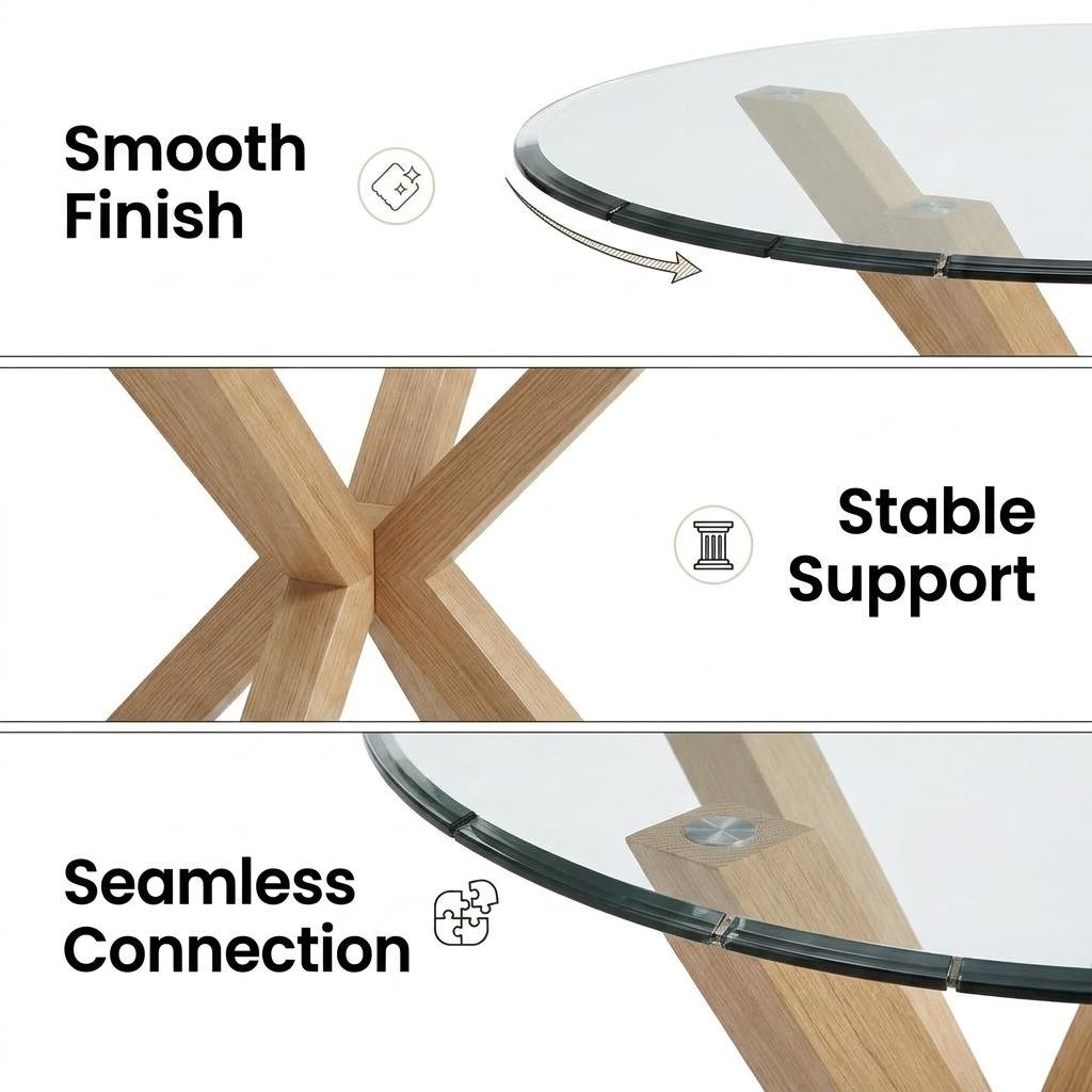 Modern Glass Dining Table, Oak Leg Design - CILLIAN OAK LEG A