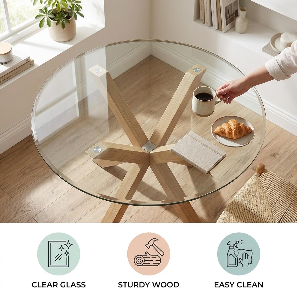 Modern Glass Dining Table, Oak Leg Design - CILLIAN OAK LEG A