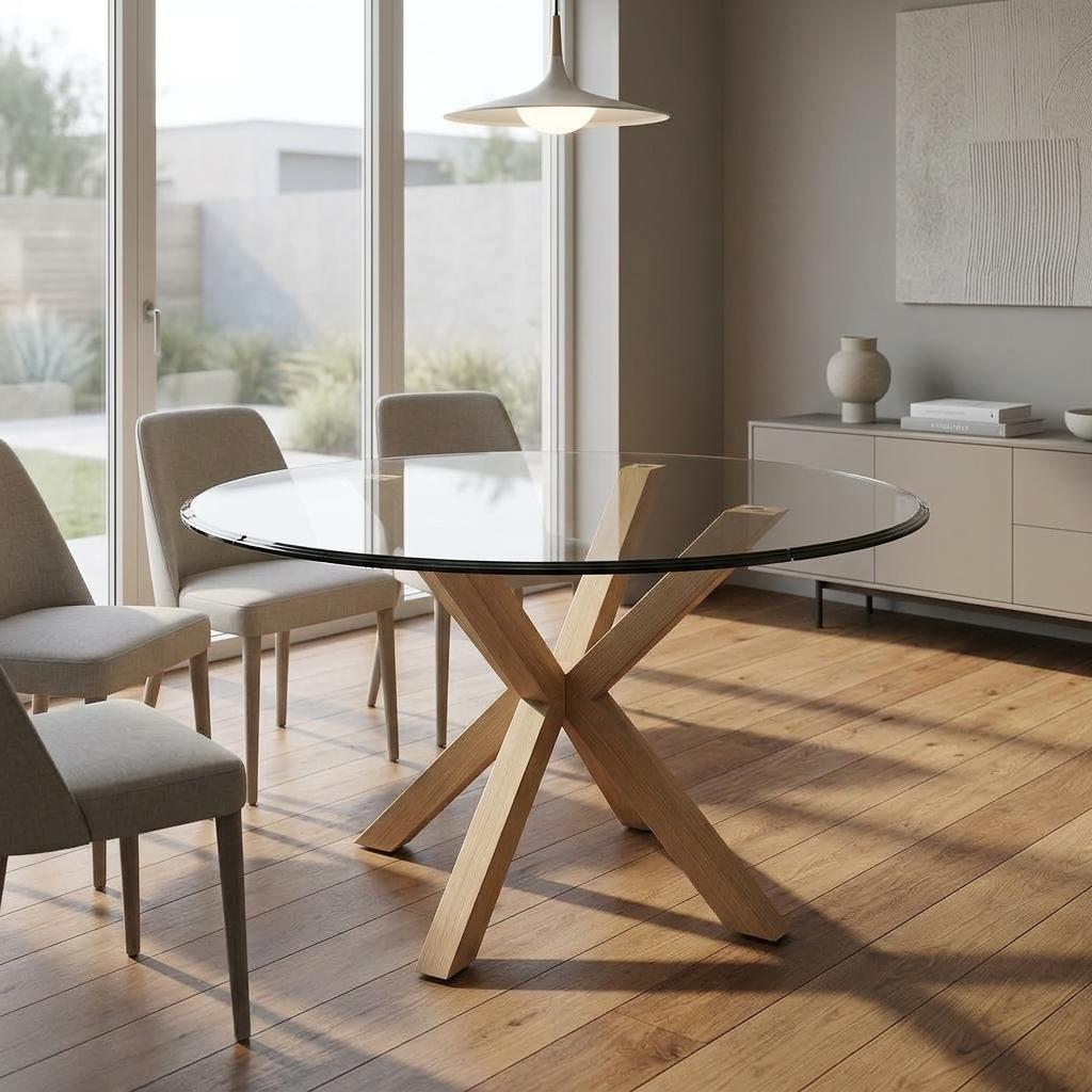 Modern Glass Dining Table, Oak Leg Design - CILLIAN OAK LEG A