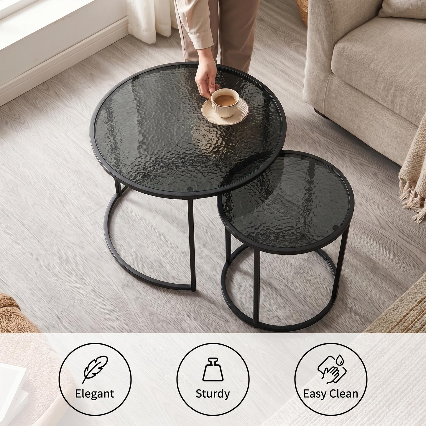 Modern Black Glass, Space-Saving Coffee Table Set - CLTN NST