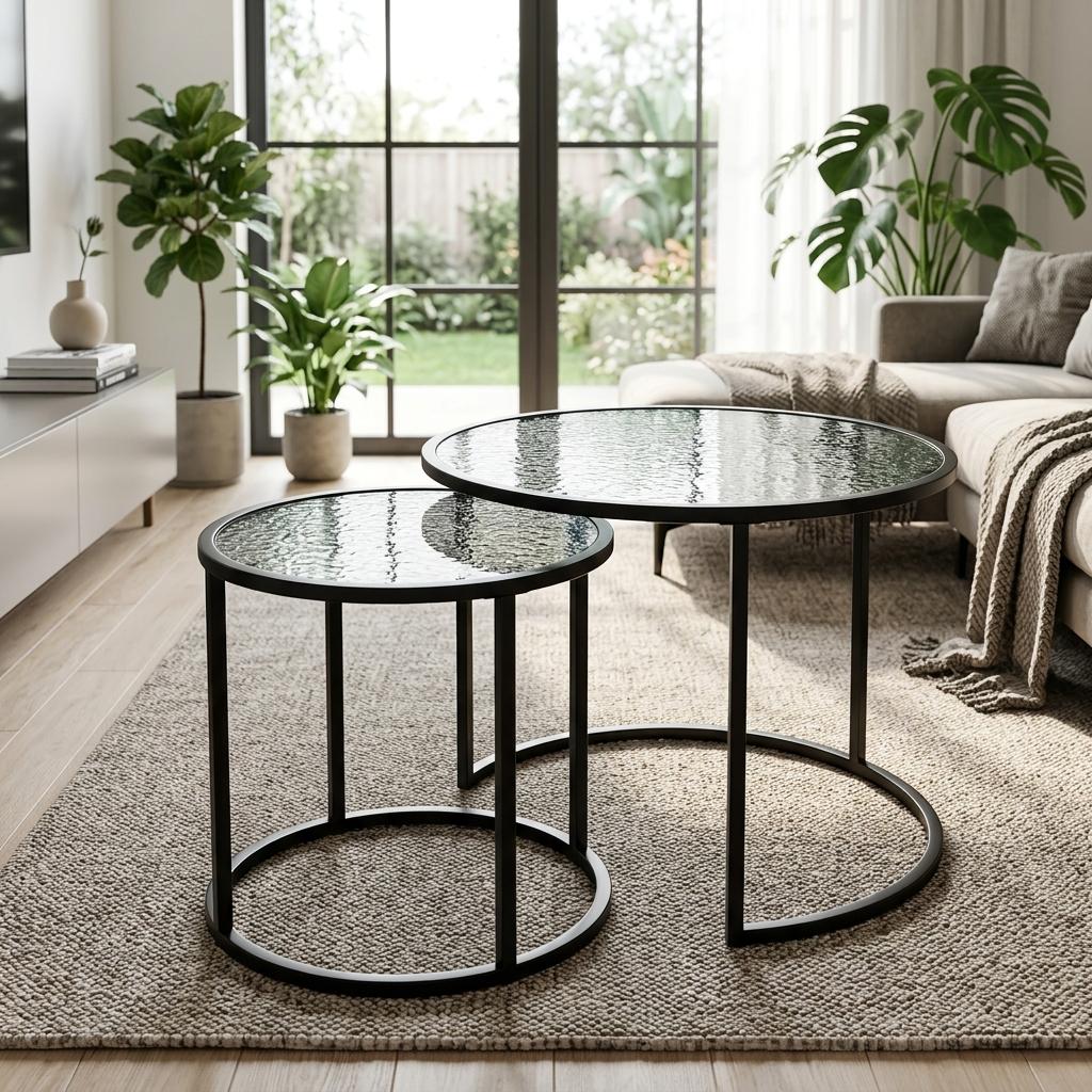 Modern Black Glass, Space-Saving Coffee Table Set - CLTN NST