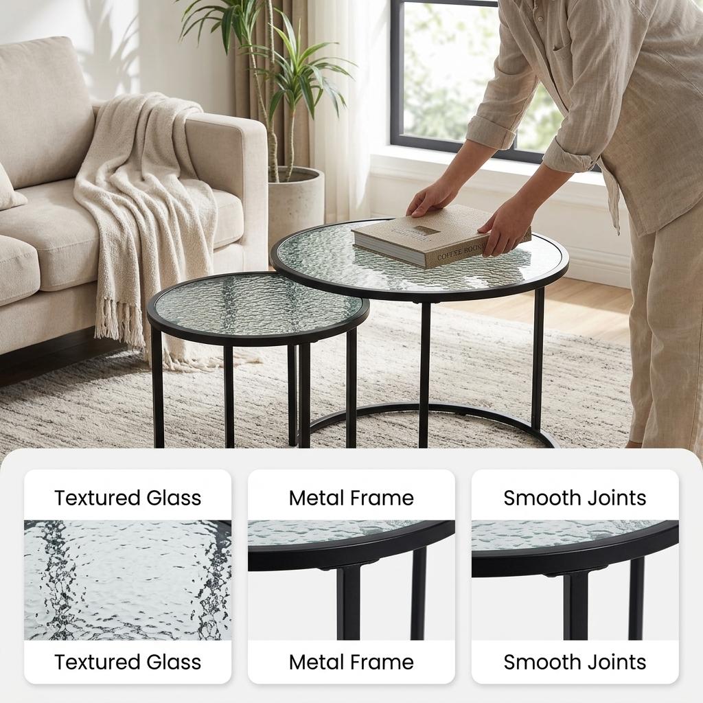 Modern Black Glass, Space-Saving Coffee Table Set - CLTN NST