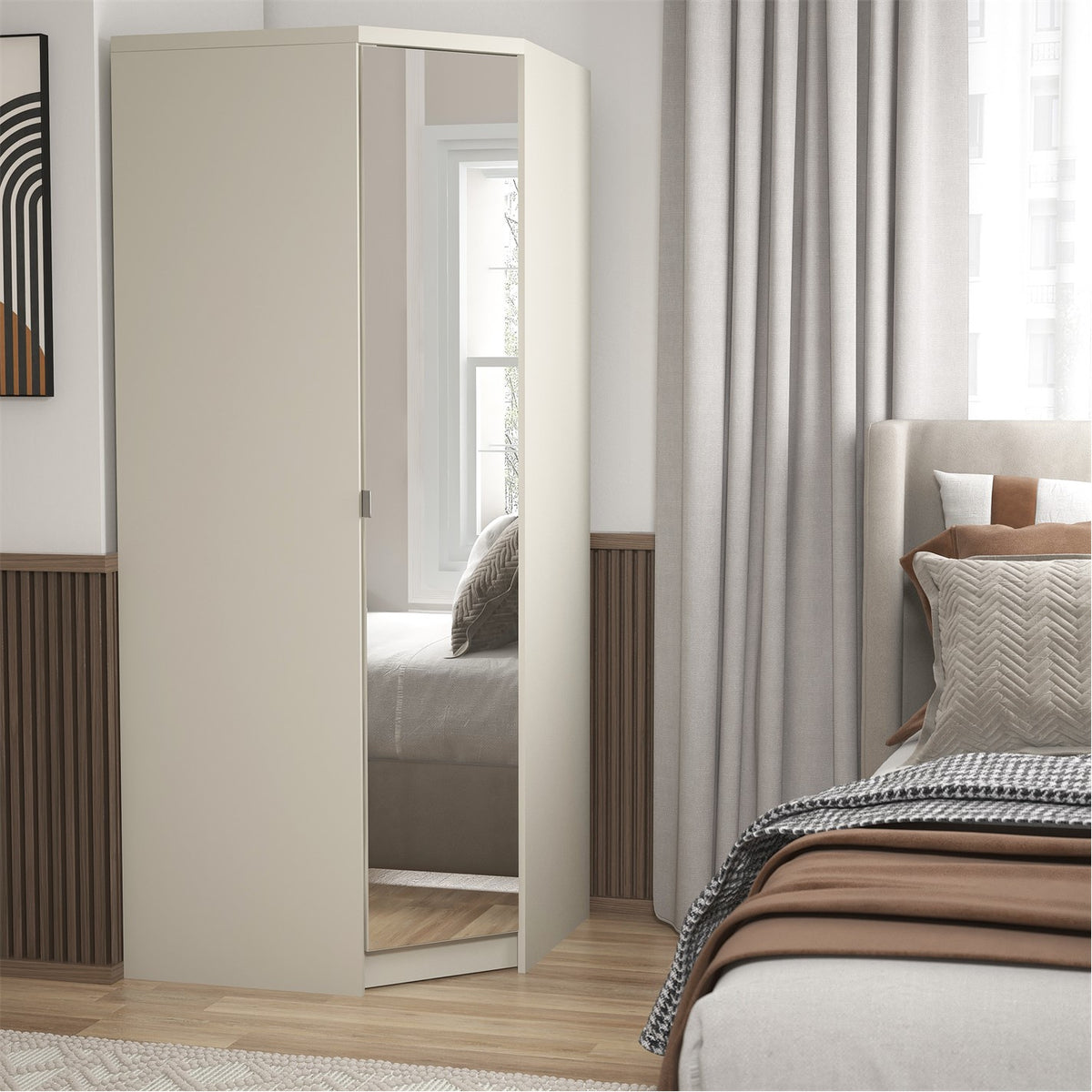 Modern Beige Corner Storage, Particleboard & MDF - Corner Wardrobe with Mirror
