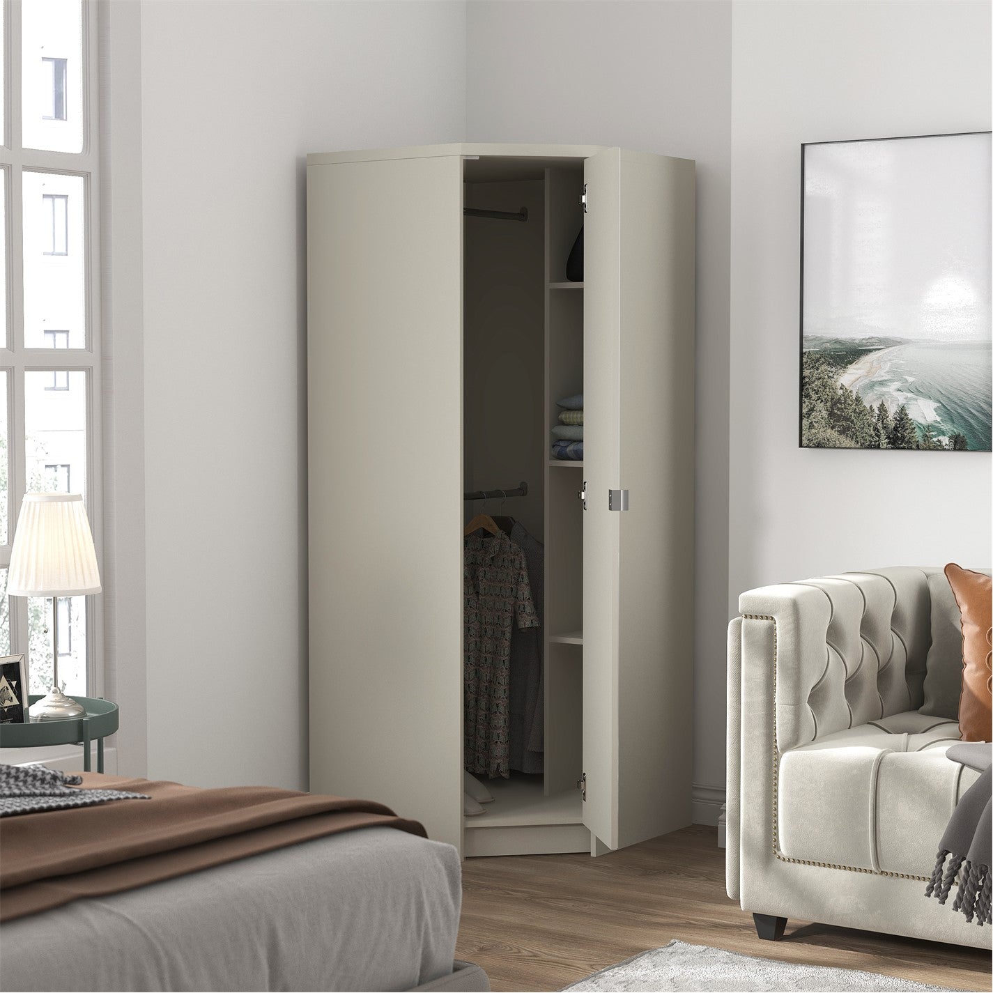 Modern Beige Corner Storage, Particleboard & MDF - Corner Wardrobe with Mirror