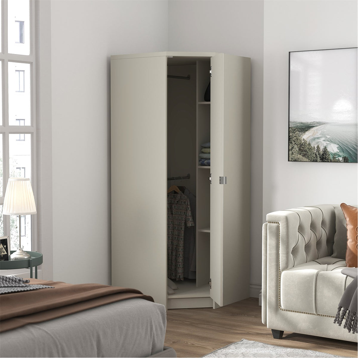 Modern Beige Corner Storage, Particleboard & MDF - Corner Wardrobe with Mirror