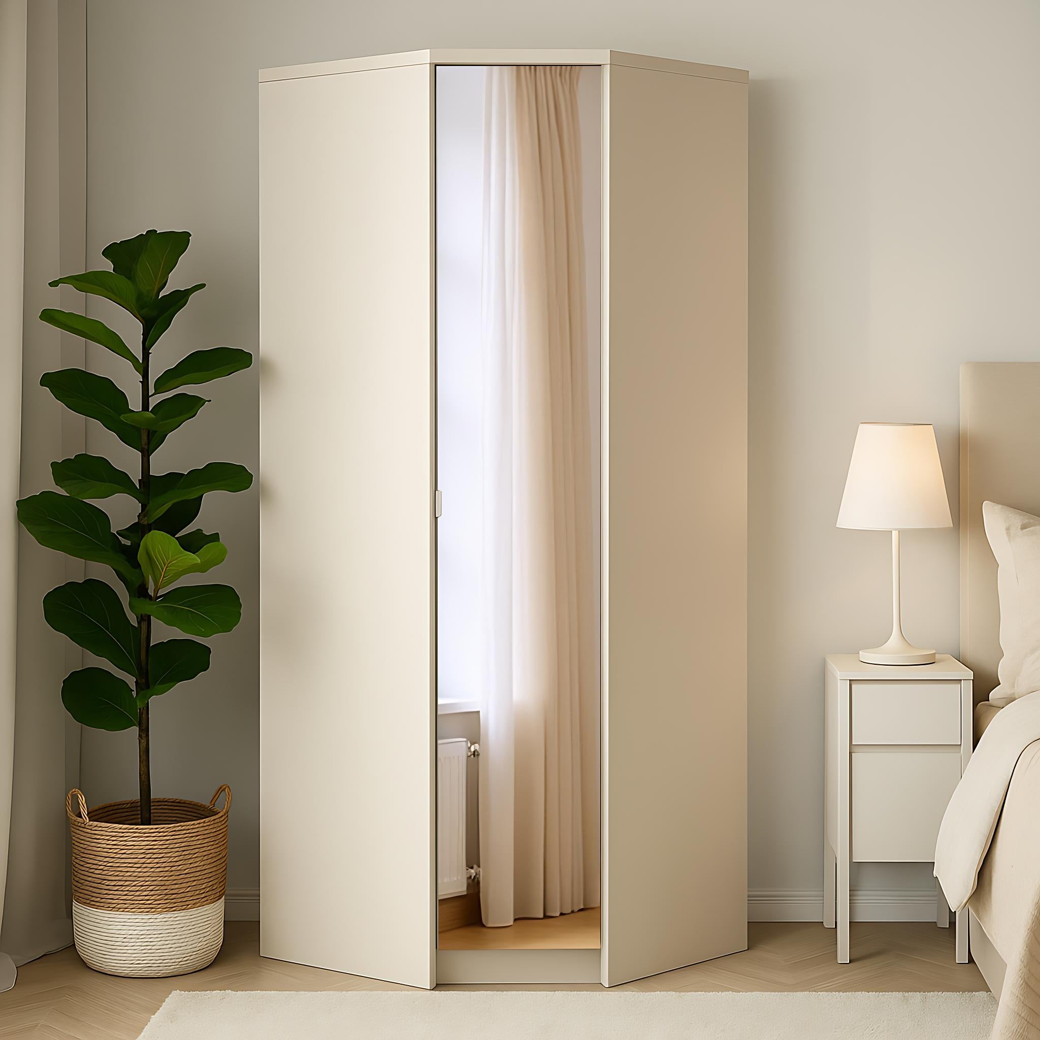 Modern Beige Corner Storage, Particleboard & MDF - Corner Wardrobe with Mirror