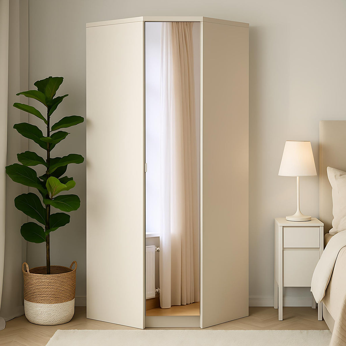 Modern Beige Corner Storage, Particleboard & MDF - Corner Wardrobe with Mirror