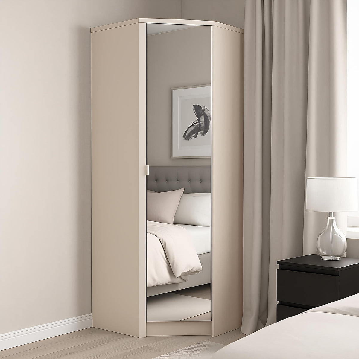 Modern Beige Corner Storage, Particleboard & MDF - Corner Wardrobe with Mirror