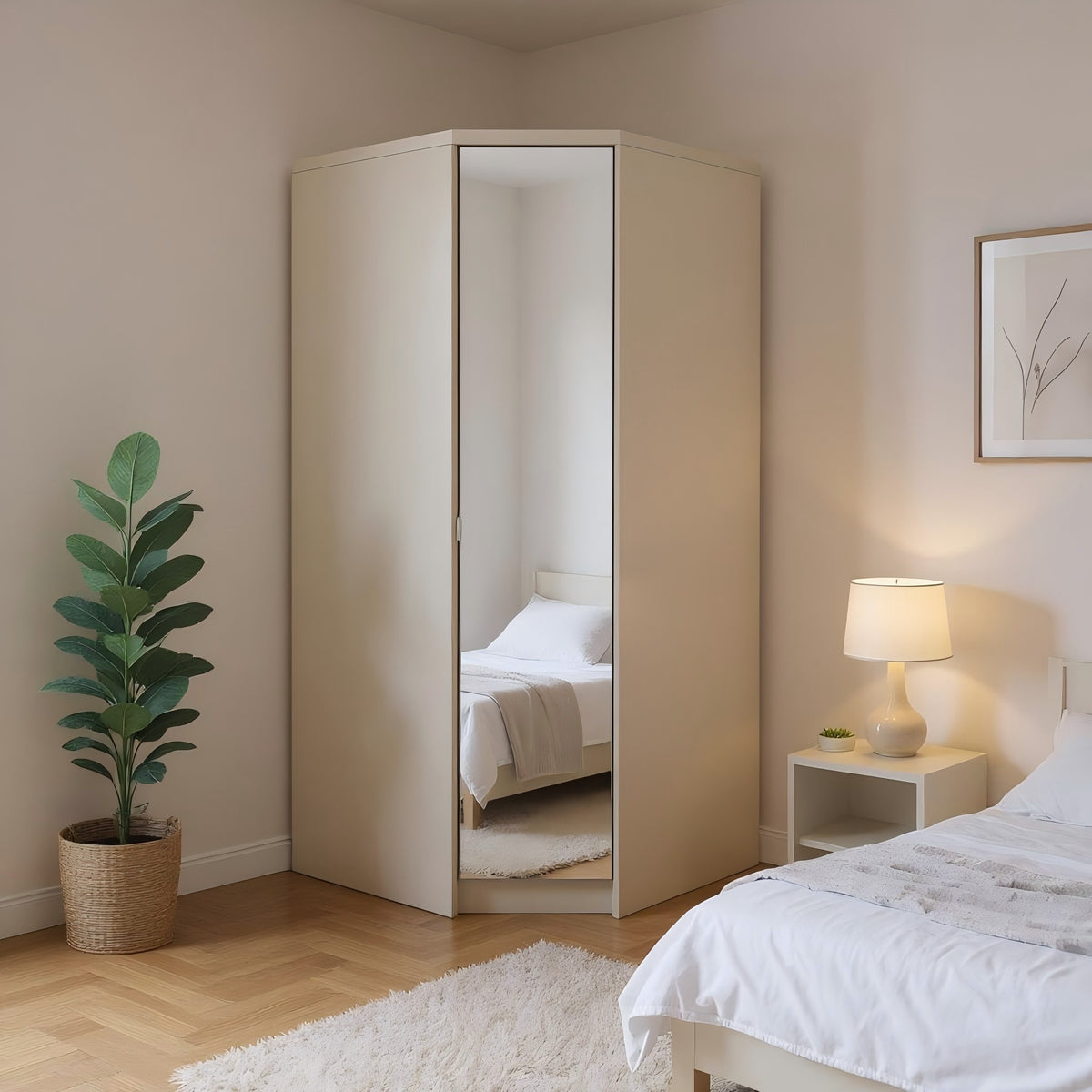 Modern Beige Corner Storage, Particleboard & MDF - Corner Wardrobe with Mirror