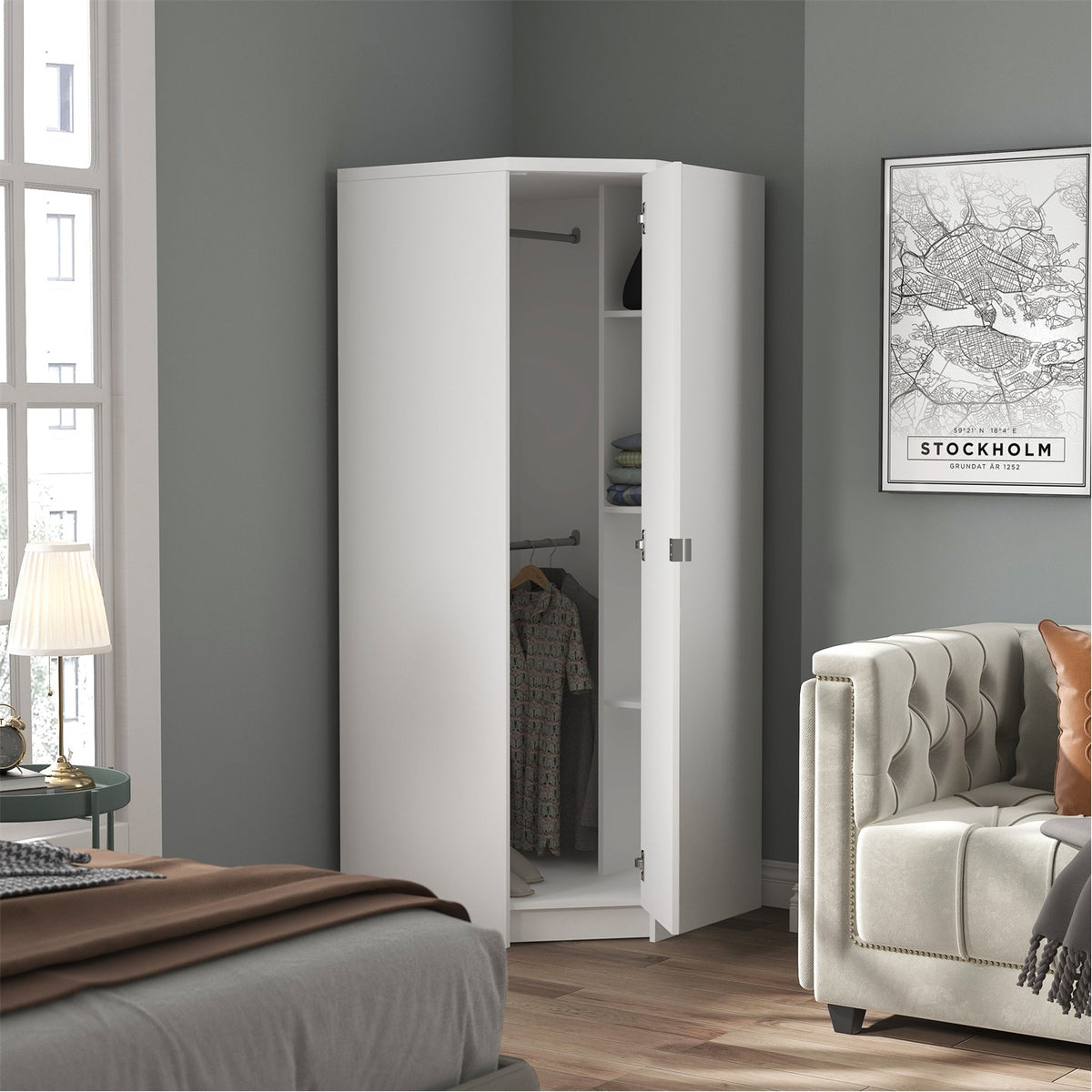 Modern White Corner Wardrobe, Particleboard Mirror - Space-Saving Storage