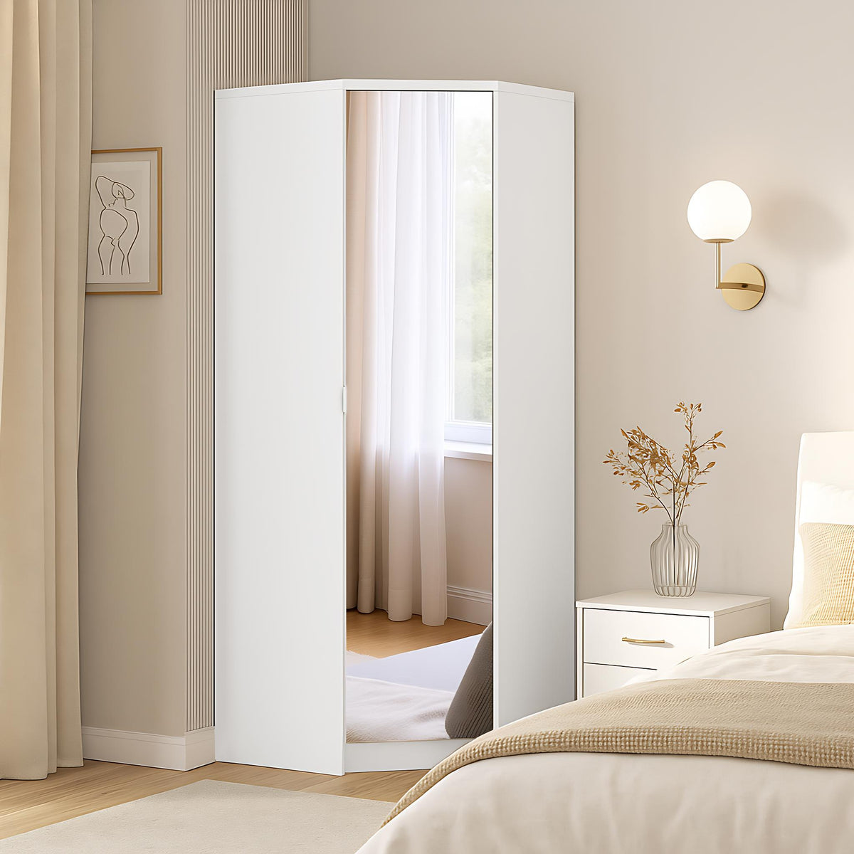 Modern White Corner Wardrobe, Particleboard Mirror - Space-Saving Storage