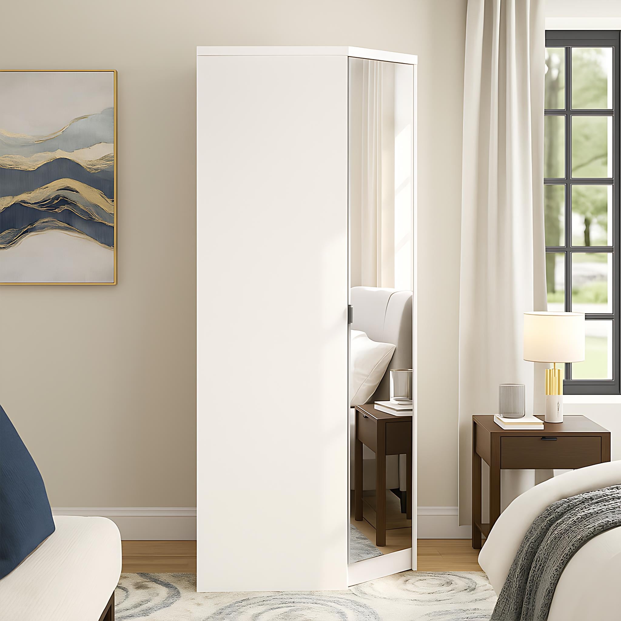 Modern White Corner Wardrobe, Particleboard Mirror - Space-Saving Storage