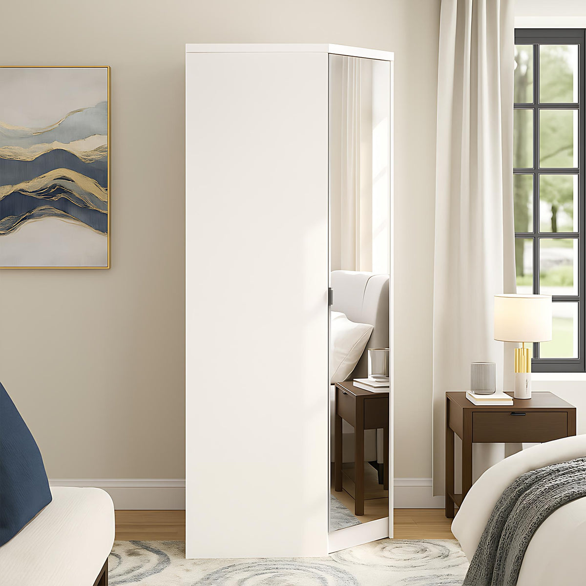 Modern White Corner Wardrobe, Particleboard Mirror - Space-Saving Storage