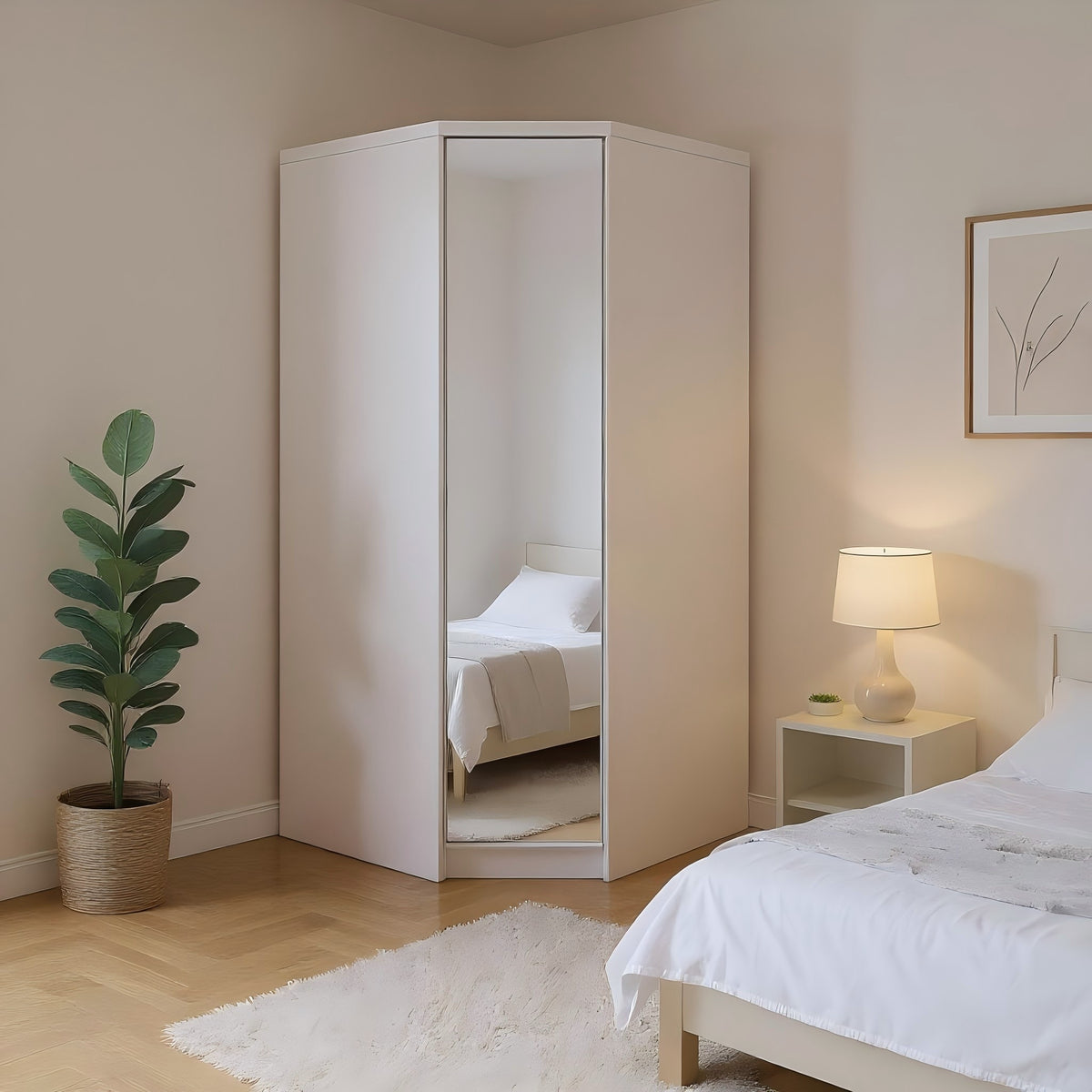 Modern White Corner, Particleboard Mirror - Corner Wardrobe