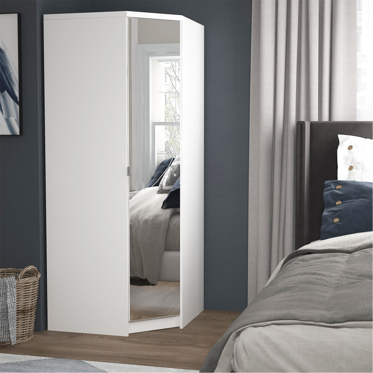 Modern White Corner Wardrobe, Particleboard Mirror - Space-Saving Storage