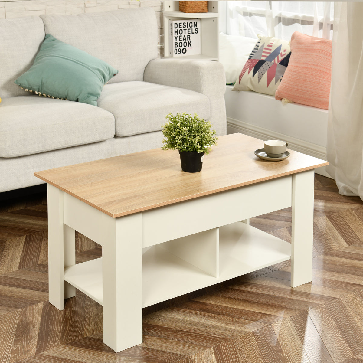 Modern Lift-Top Table, Particle Board, Space-Saving - ELOT WHITE OAK 96 A