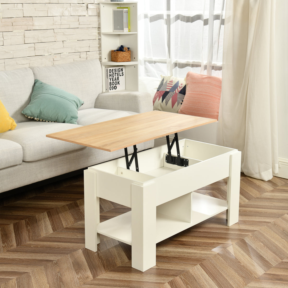 Modern Lift-Top Table, Particle Board, Space-Saving - ELOT WHITE OAK 96 A