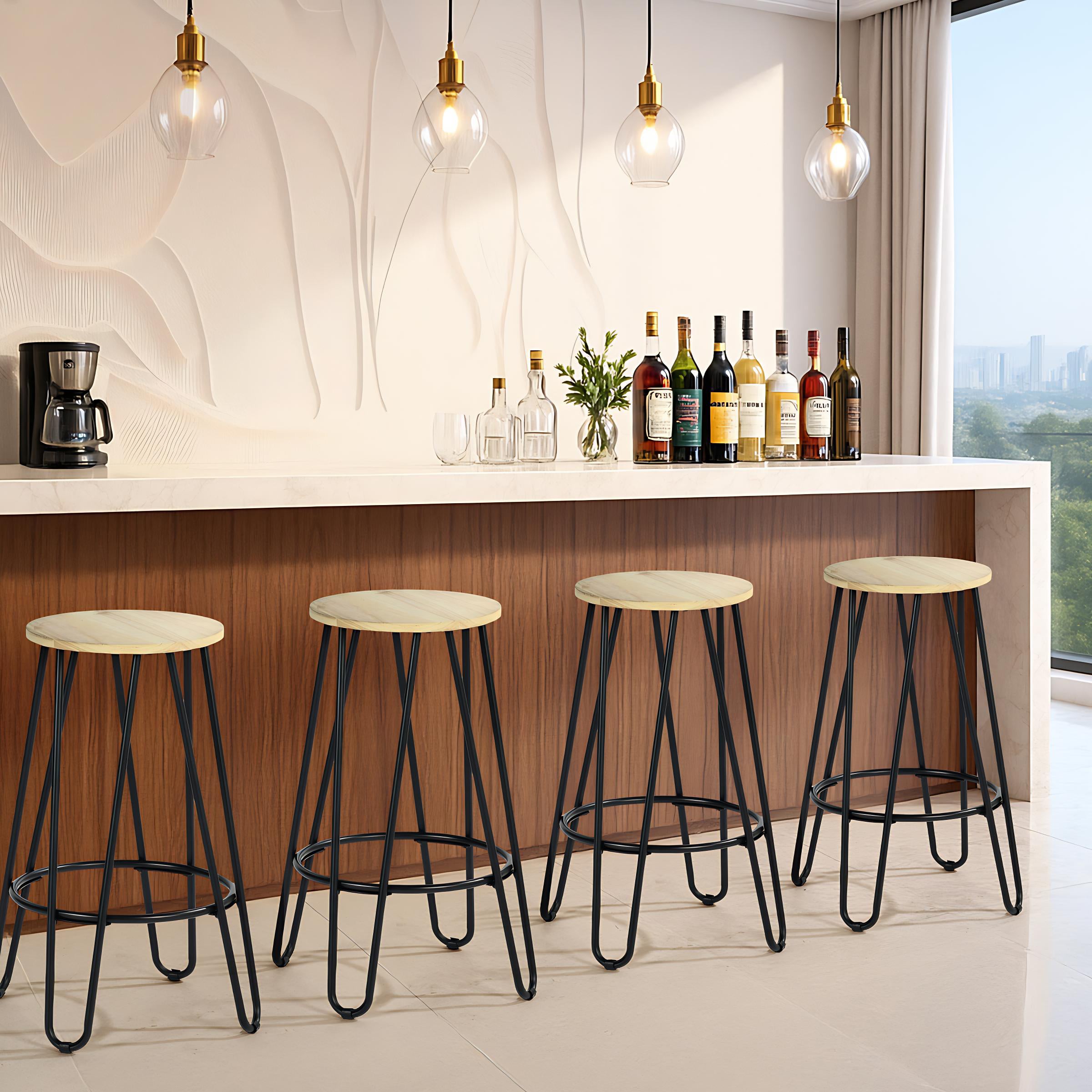 Modern Bar Stool, Solid Wood Seat, Metal Legs - ESSIA TAB 2PCS