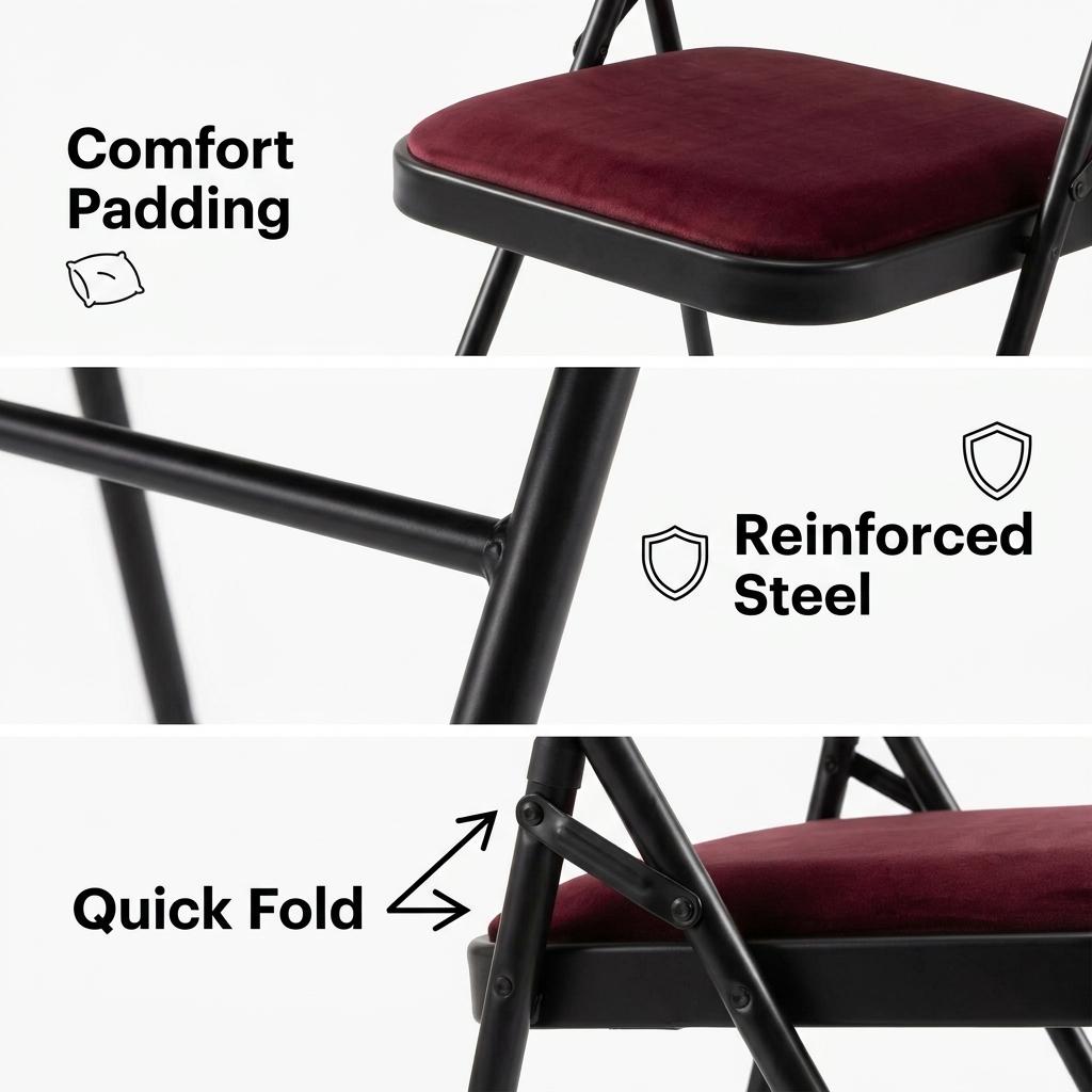 Modern Velvet Folding Chair, Metal Tube Frame - FAIR VELVET RED A