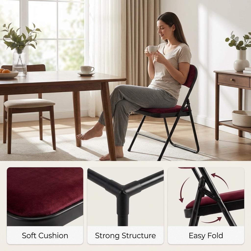 Modern Velvet Folding Chair, Metal Tube Frame - FAIR VELVET RED A
