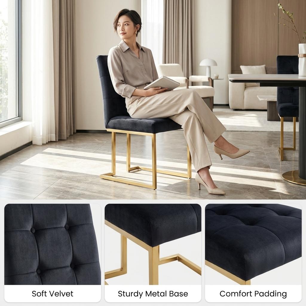 Modern Velvet Dining Chair, Gold Chrome Legs - FALLON BLACK