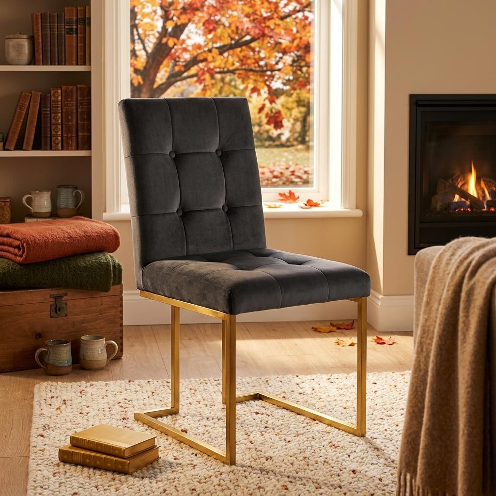 Modern Velvet Dining Chair, Gold Chrome Legs - FALLON BLACK