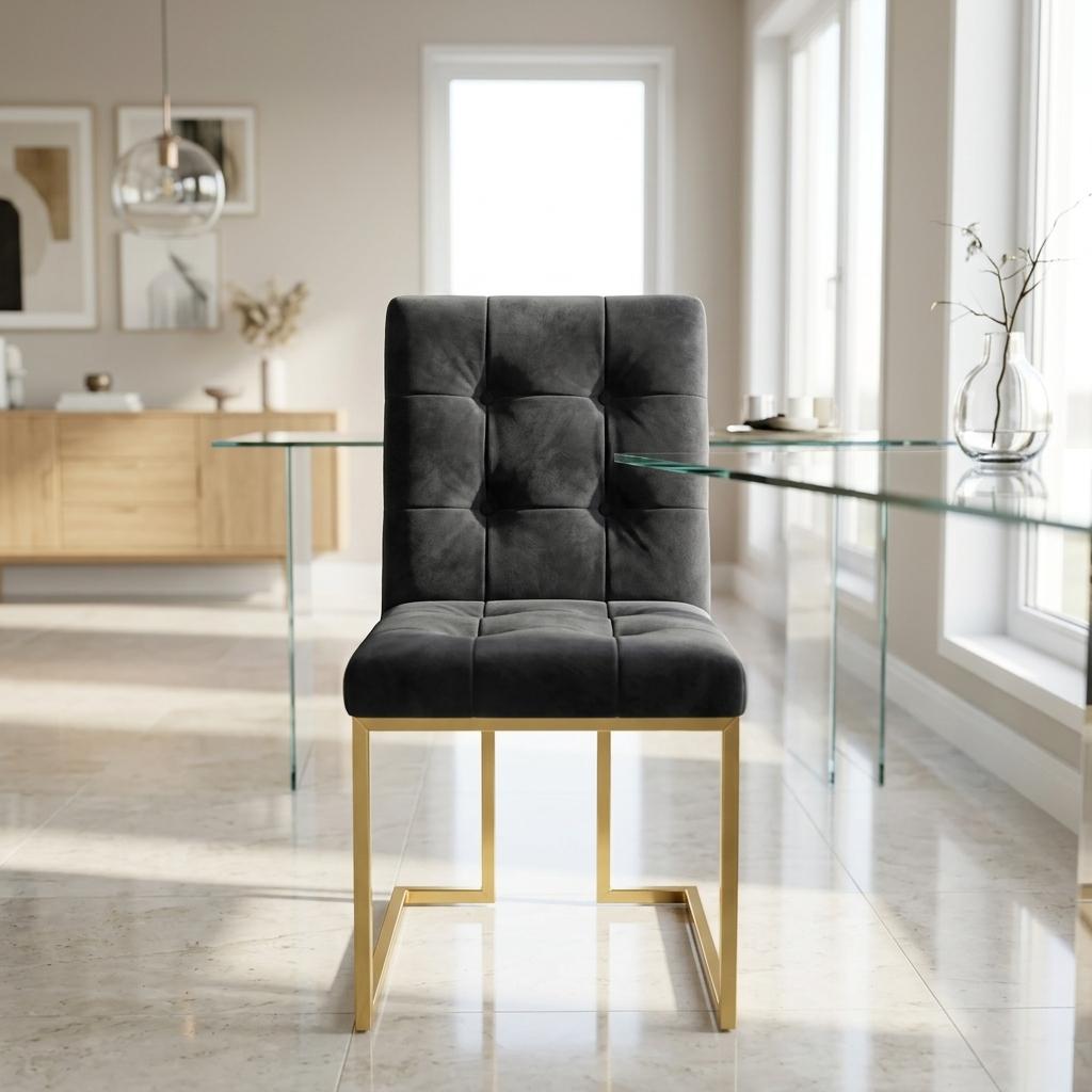 Modern Velvet Dining Chair, Gold Chrome Legs - FALLON BLACK