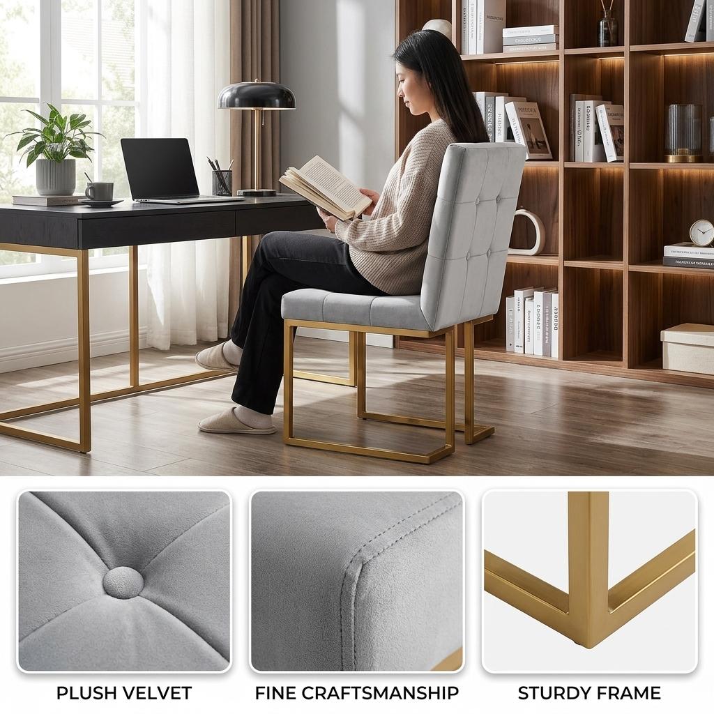 Modern Velvet Dining Chair, Gold Chrome Legs - FALLON GREY