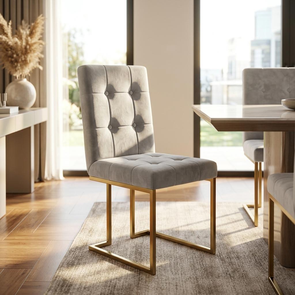 Modern Velvet Dining Chair, Gold Chrome Legs - FALLON GREY