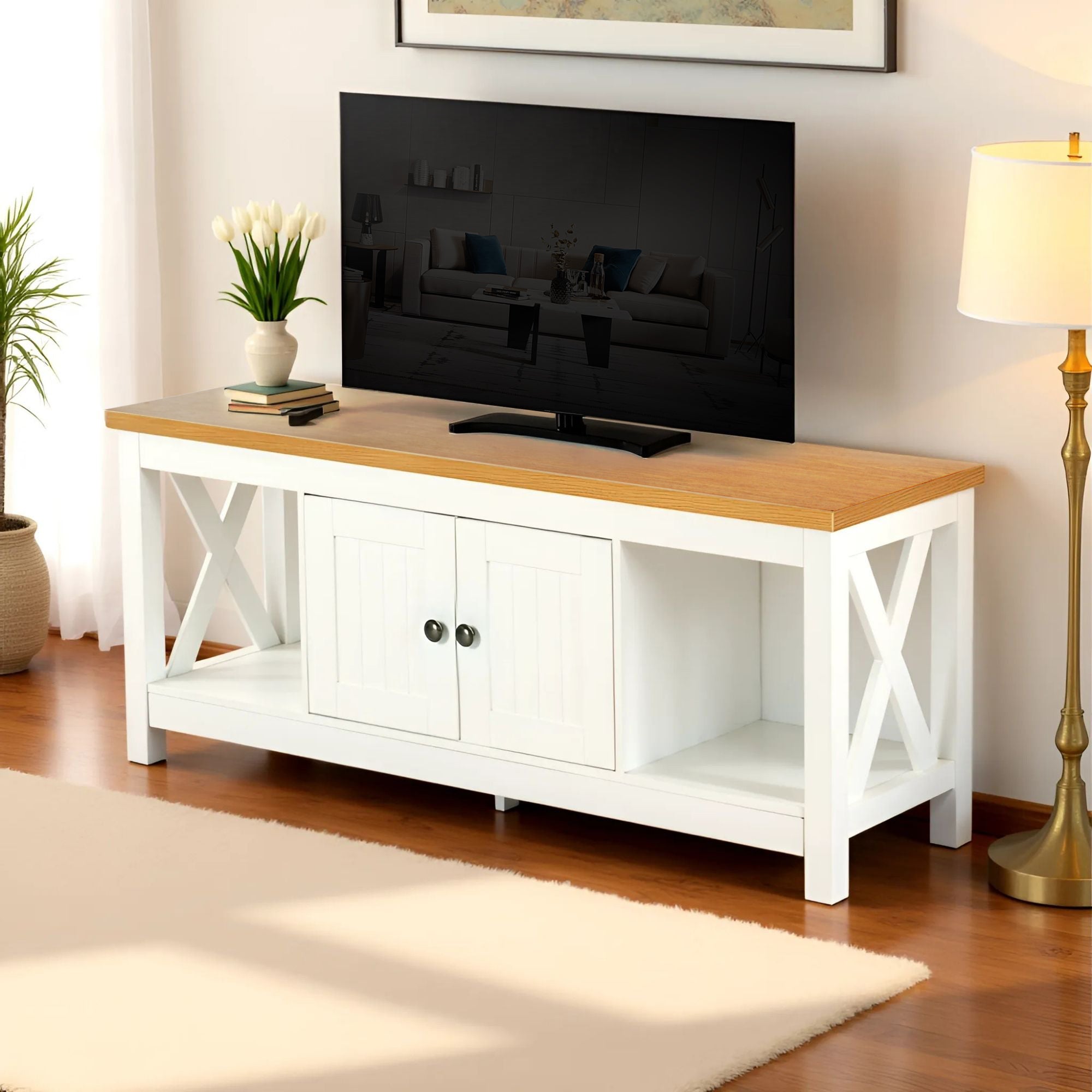 Modern White MDF TV Stand, Thickened Frame - FARM TV STAND A
