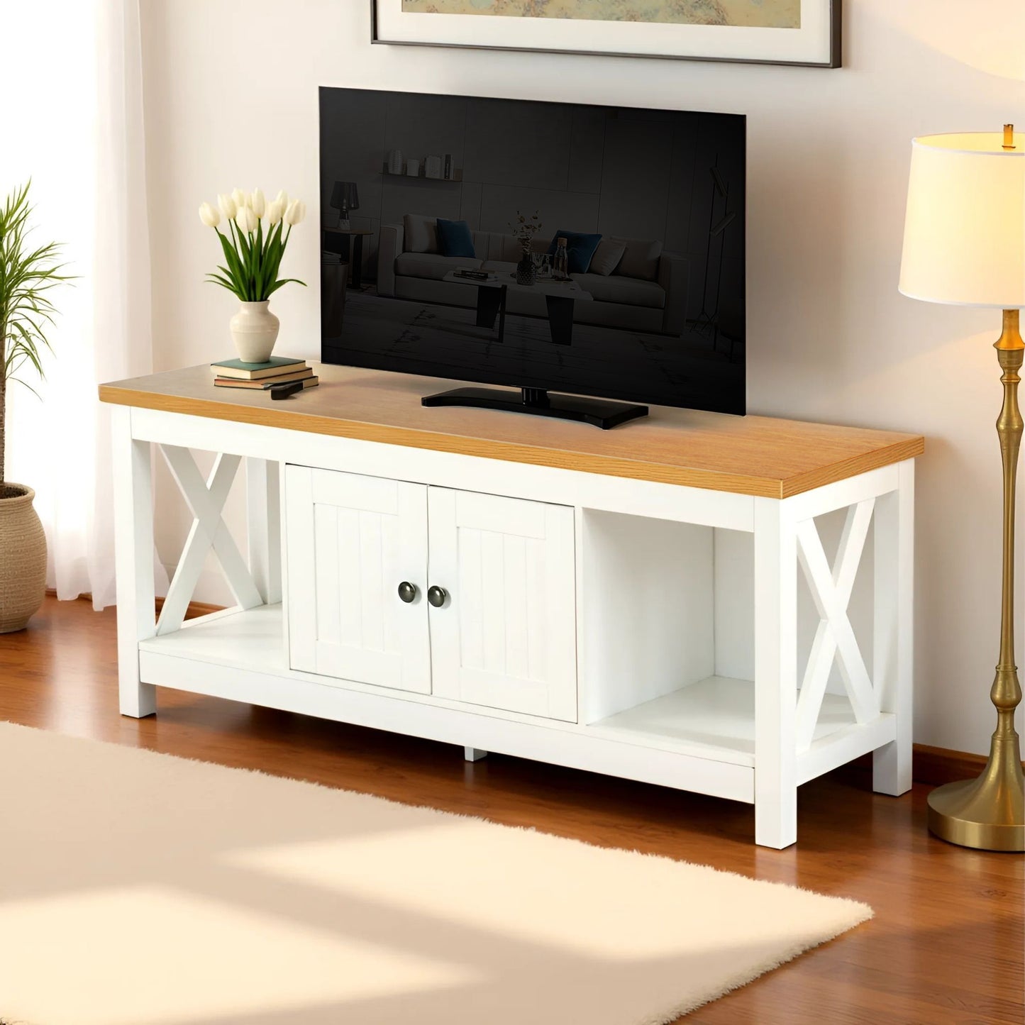 Modern White MDF TV Stand, Thickened Frame - FARM TV STAND A