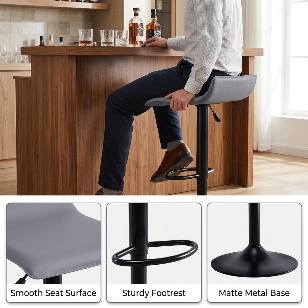 Modern Bar Stool, PVC Seat Adjustable - FLANAGAN BLACK A