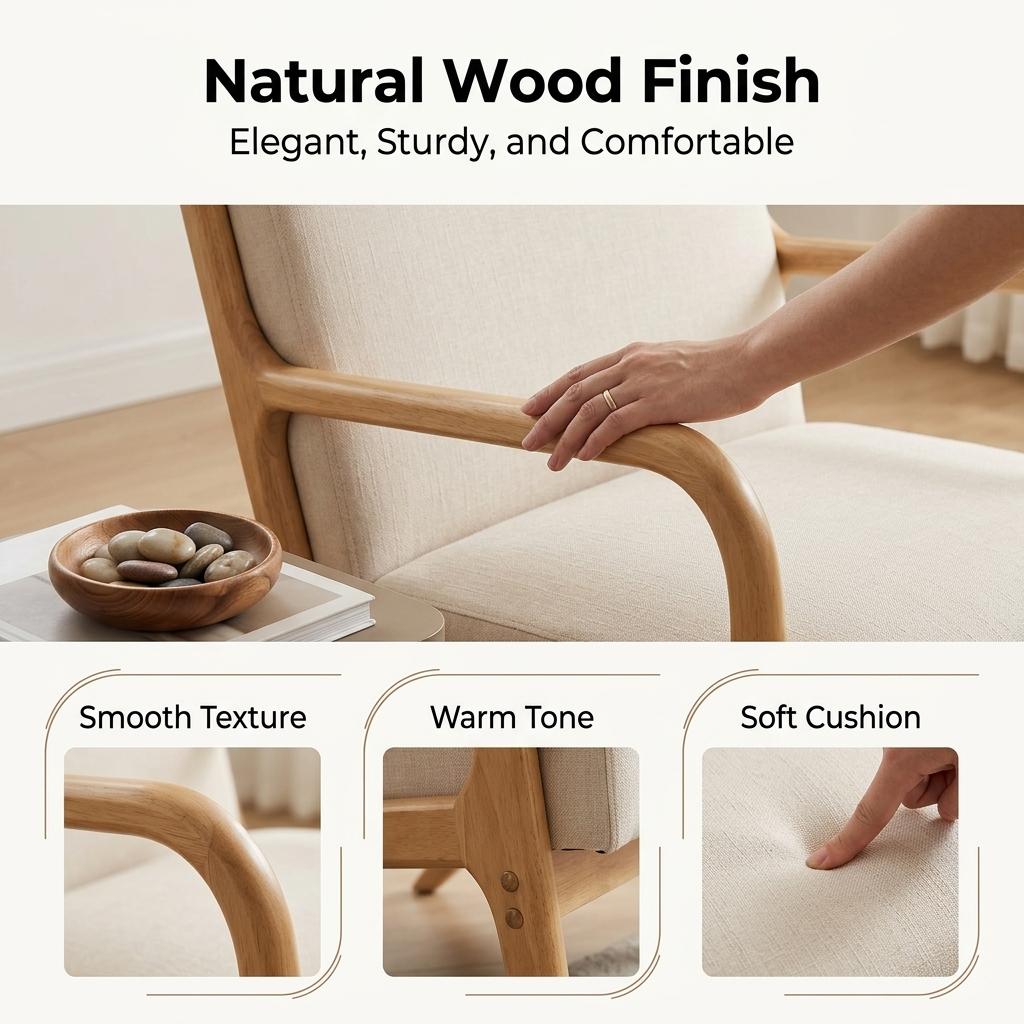 Modern Natural Fabric Accent, Wooden Frame - FLETCHER WOOD CHAIR