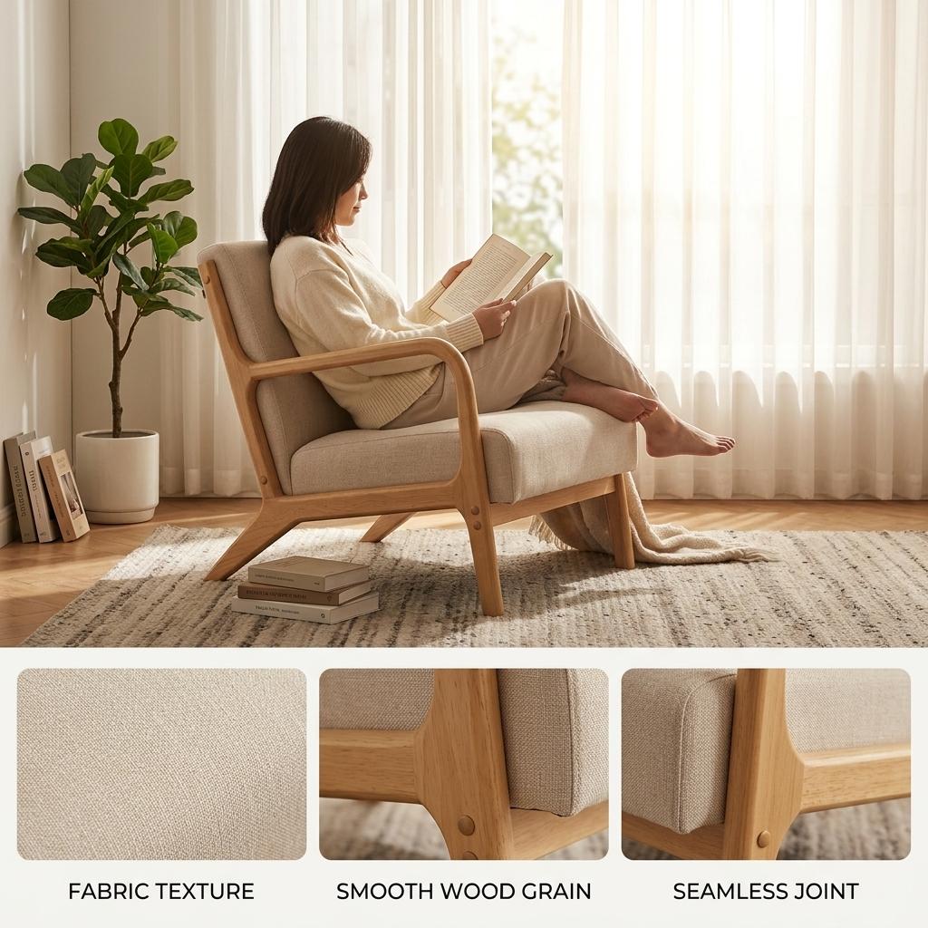 Modern Natural Fabric Accent, Wooden Frame - FLETCHER WOOD CHAIR