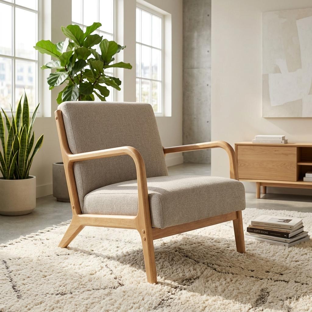 Modern Natural Fabric Accent, Wooden Frame - FLETCHER WOOD CHAIR