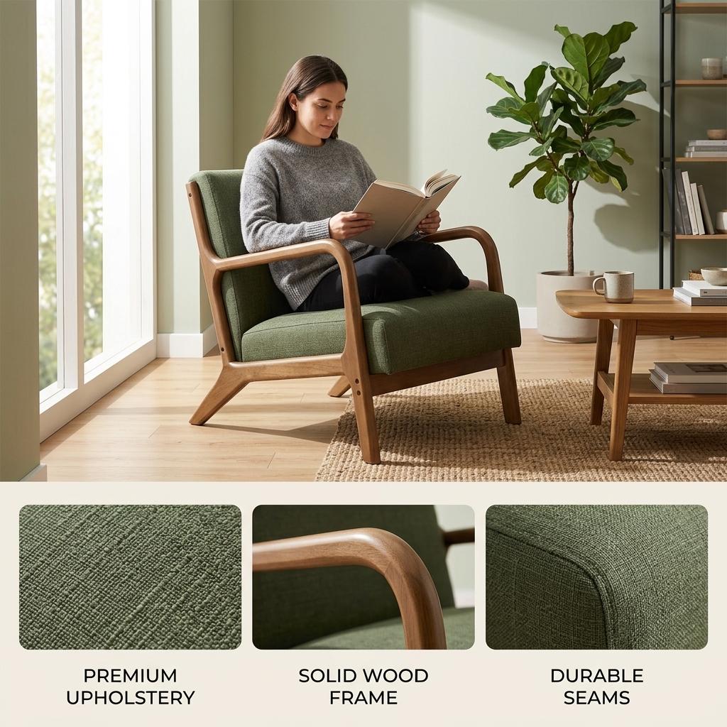 Modern Green Fabric Accent, Walnut Wood Frame - FLETCHER WOOD GREEN