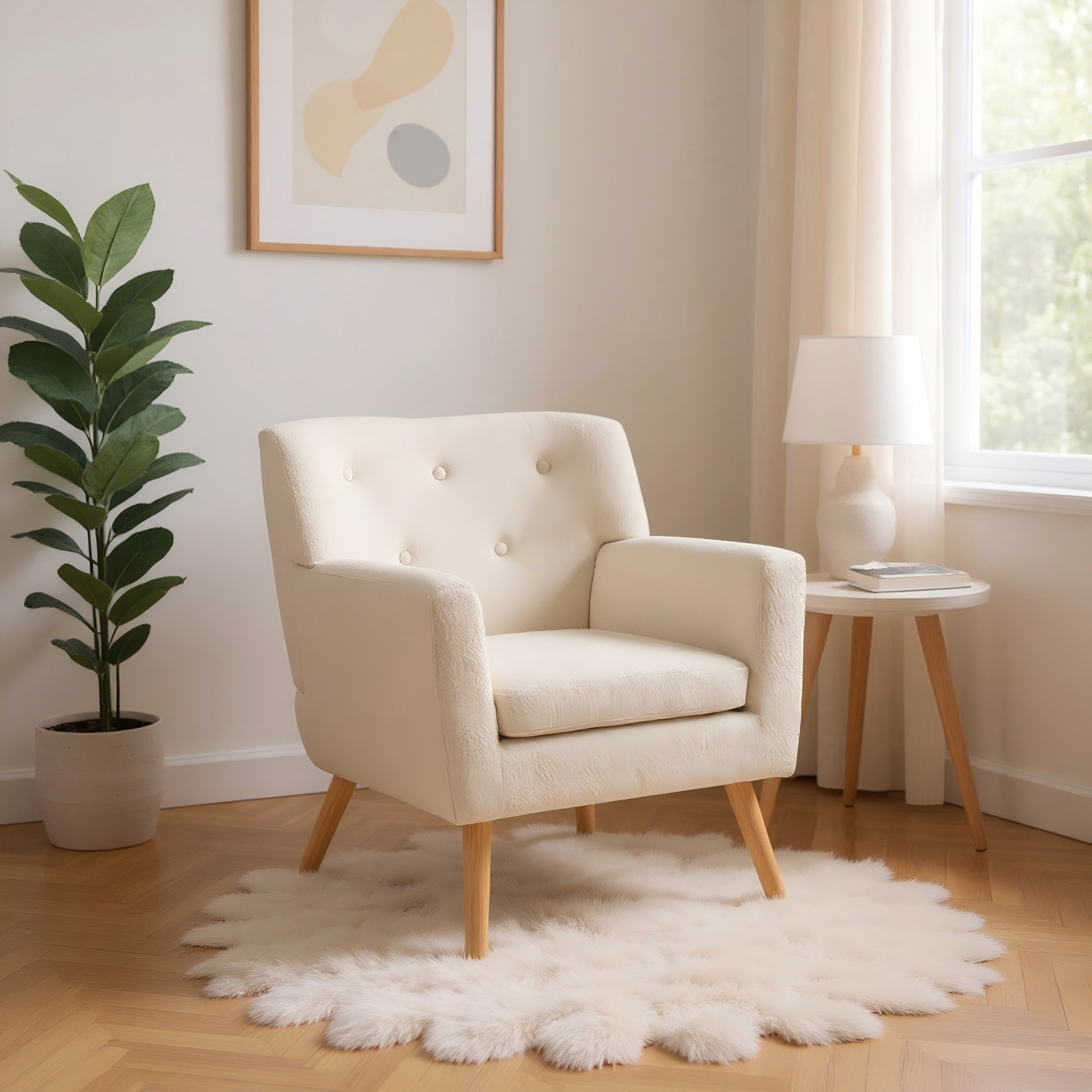 Modern Boucle Accent, Wooden Frame Chair - FOLMER BEIGE