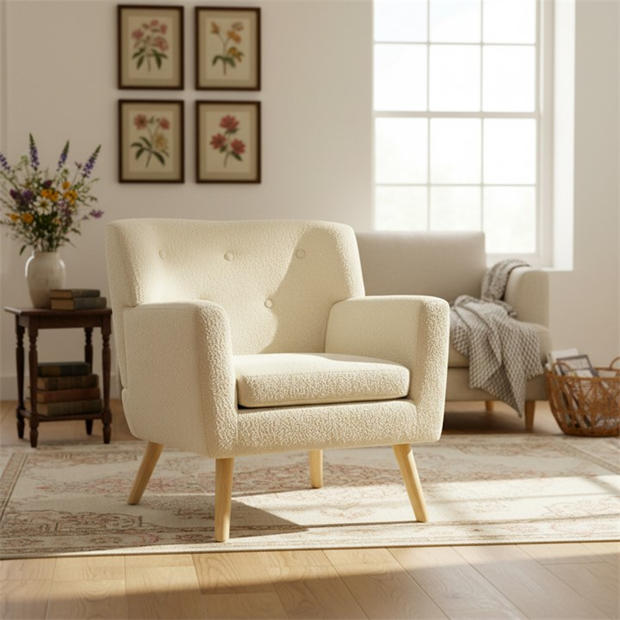 Modern Boucle Accent, Wooden Frame Chair - FOLMER BEIGE