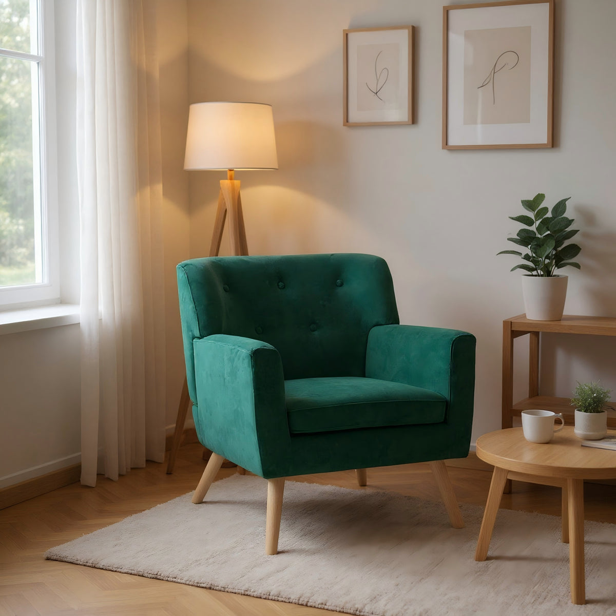 Modern Velvet Accent, Wooden Frame - FOLMER GREEN