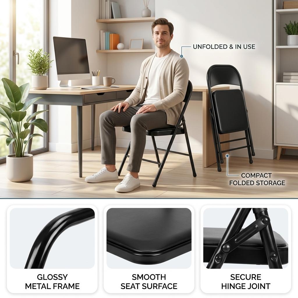 Modern Folding Iron Chair, Space-Saving Design - FRIEDA DOUBLE H BLACK