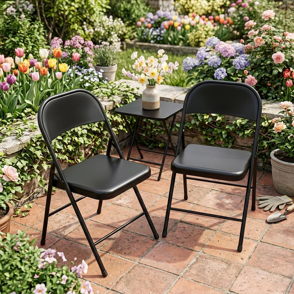 Modern Folding Iron Chair, Space-Saving Design - FRIEDA DOUBLE H BLACK