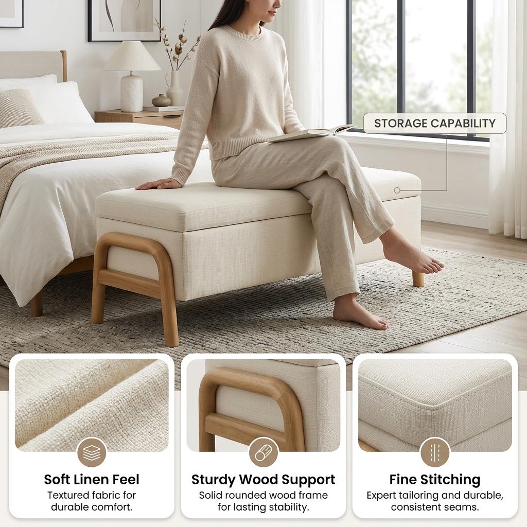 Modern Storage Ottoman, Fabric Upholstery & Wood Legs - Fletcher Storage Ottoman