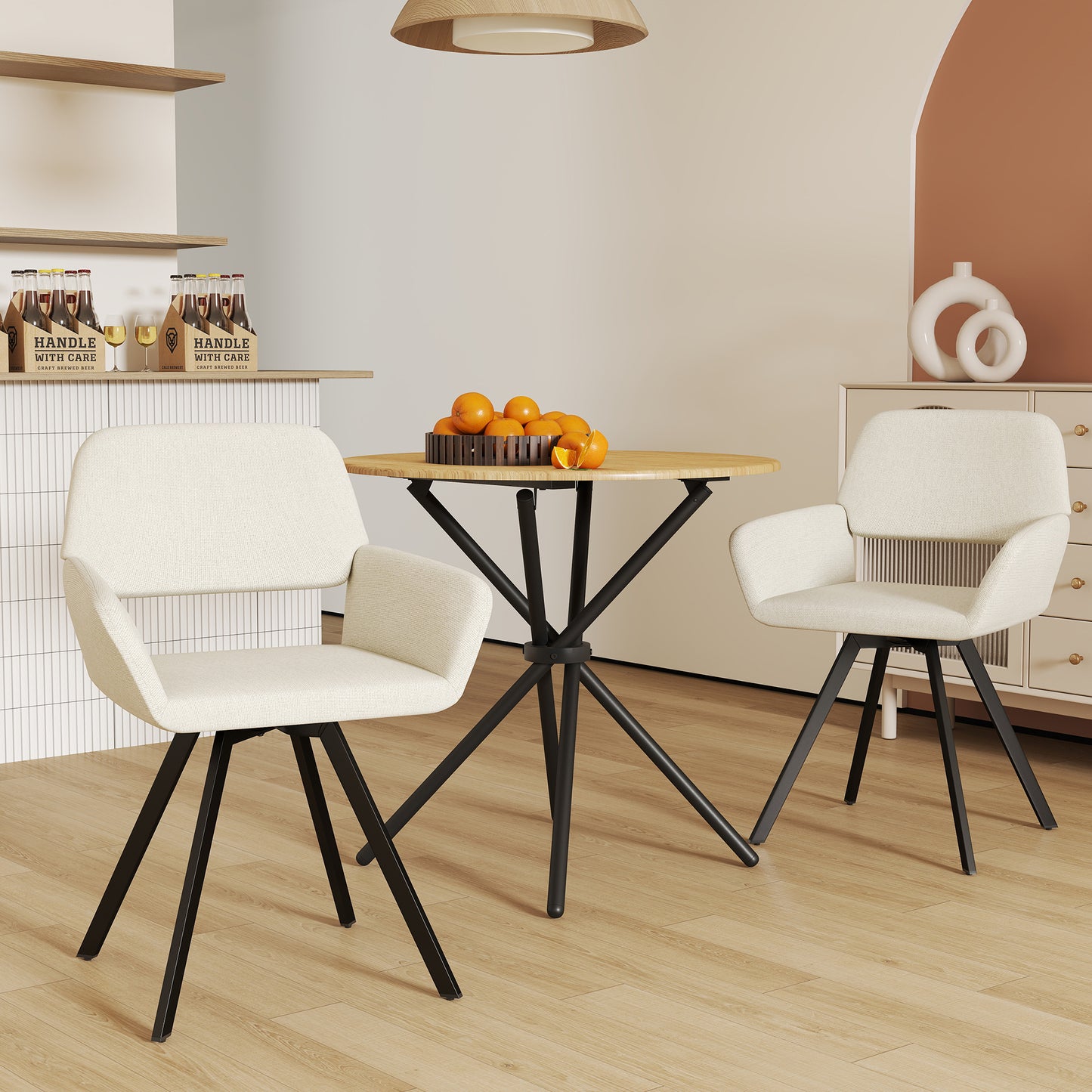 Modern Swivel Dining Chair, Beige Fabric & Black Legs - CALIFORNIA KD BEIGE SWIVEL A