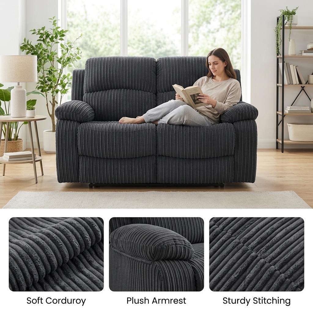 Modern Recliner Sofa, Grey Fabric Comfort - GASTA Double Seater