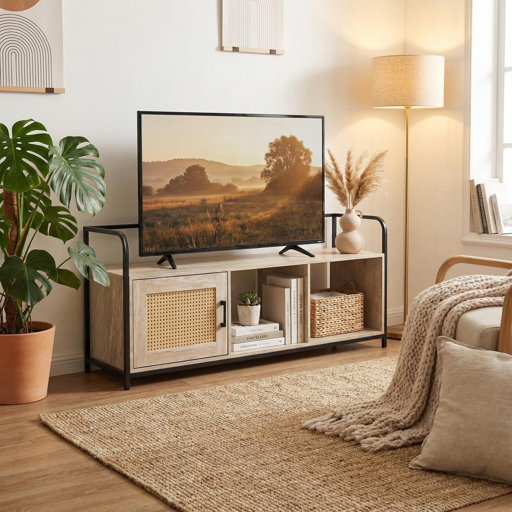 Yesterdayness Modern Grooved TV Stand, MDF & Metal - IHNAs
