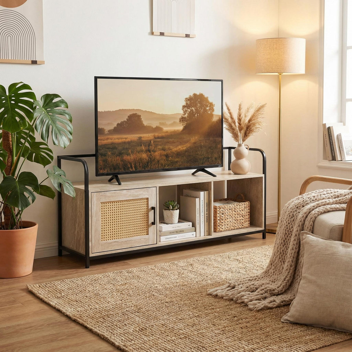 Yesterdayness Modern Grooved TV Stand, MDF & Metal - IHNAs