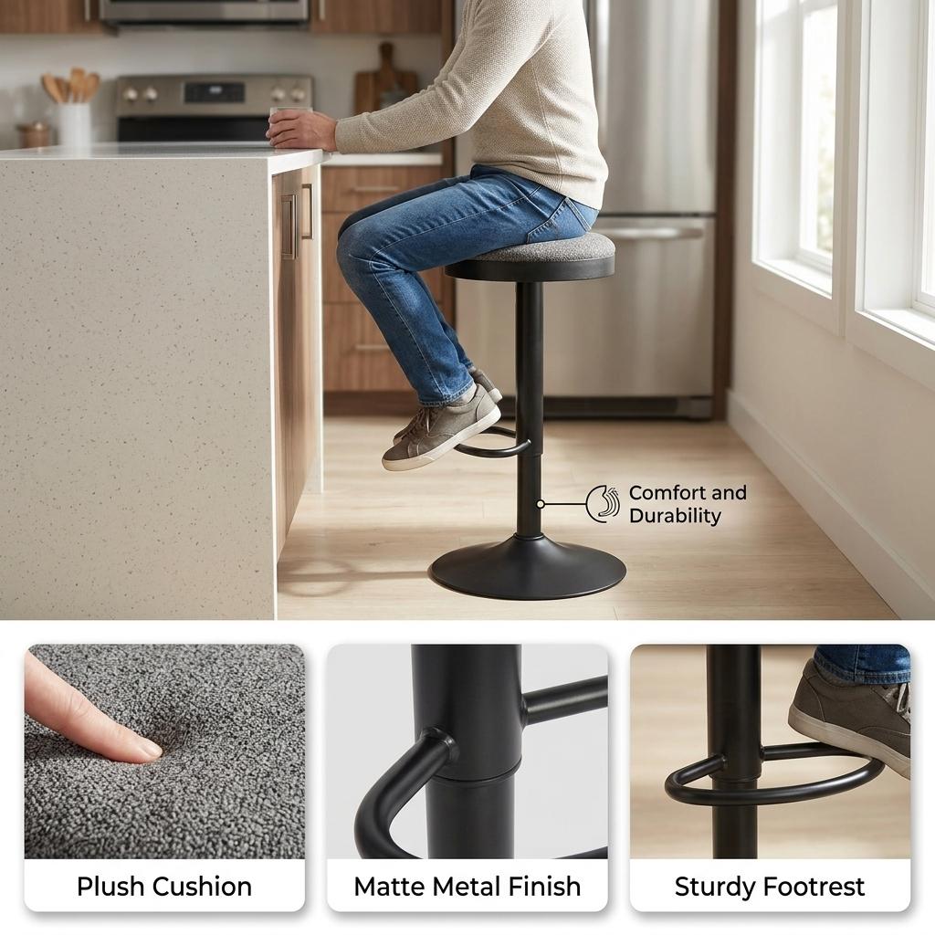 Modern Barstool, Fabric Adjustable Seat - ILIYA-DARK GREY